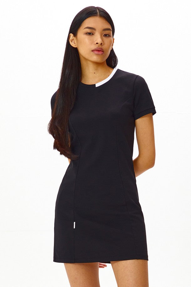 Women Un-Balanced Rounded-Neck Short Sleeve Slim Dress_BLACK
