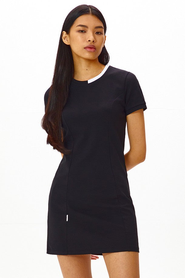 Women Un-Balanced Rounded-Neck Short Sleeve Slim Dress_BLACK