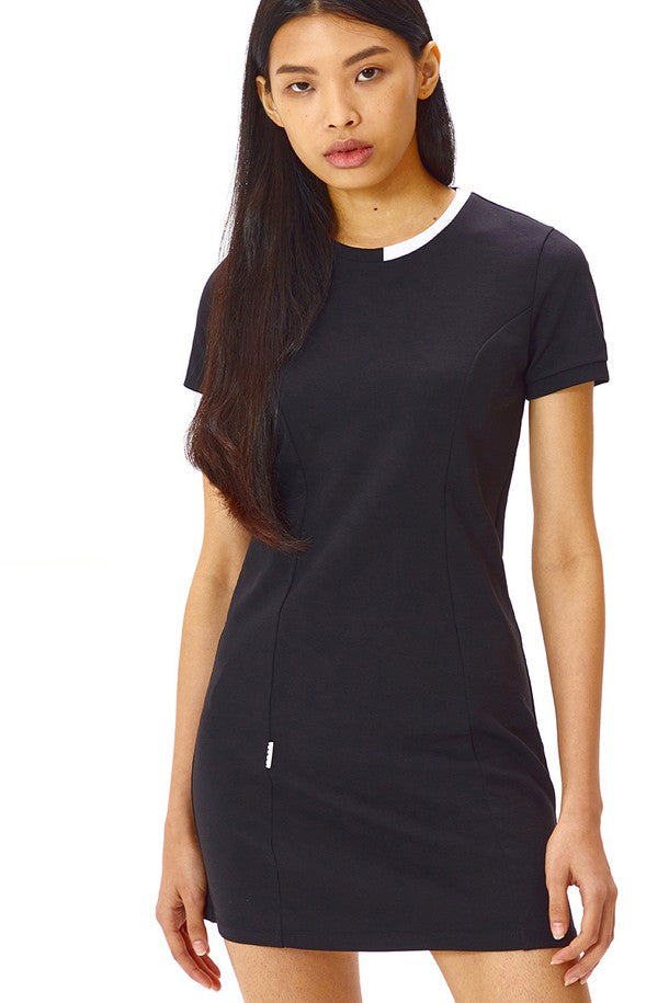 Women Un-Balanced Rounded-Neck Short Sleeve Slim Dress_BLACK