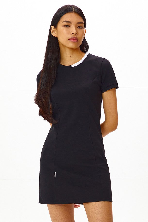 Women Un-Balanced Rounded-Neck Short Sleeve Slim Dress_BLACK
